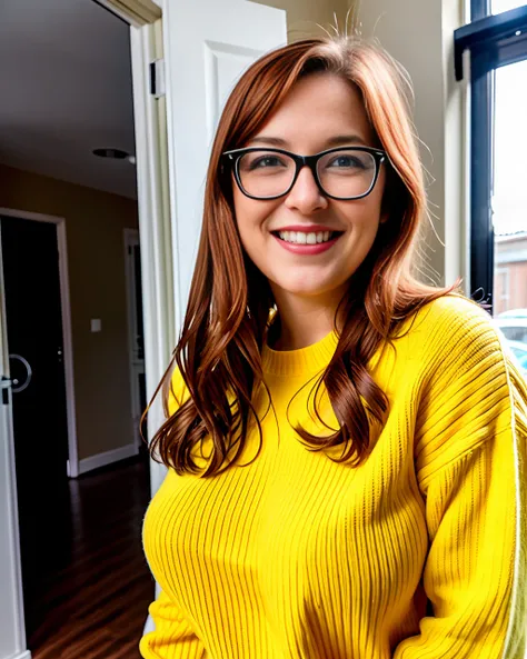RAW photo, (masterpiece), best quality, extremely detailed, delicate and beautiful, one woman, (solo), sharp, studio quality, (wearing yellow sweater), (wearing jeans), (full body portrait), inside, apartment, kitchen, livingroom, table, chair, window, ceiling, doorway, couch, morning, (looking at viewer), 8k uhd, dslr, soft lighting, high quality, film grain, Fujifilm XT3,  (Tessa Fowler woman), (large breasts), (curvy), <lora:tessaf:0.85>, [red hair],  smile512, (long shot), (wearing glasses)