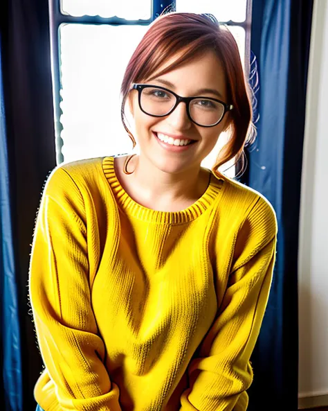 RAW photo, (masterpiece), best quality, extremely detailed, delicate and beautiful, one woman, (solo), sharp, studio quality, (wearing yellow sweater), (wearing jeans), (full body portrait), inside, apartment, kitchen, livingroom, table, chair, window, ceiling, doorway, couch, morning, (looking at viewer), 8k uhd, dslr, soft lighting, high quality, film grain, Fujifilm XT3,  (Tessa Fowler woman), (curvy), <lora:tessaf:0.85>, [red hair],  smile512
, (wearing glasses)