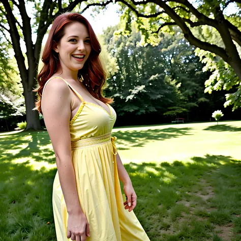 RAW photo, (masterpiece), best quality, extremely detailed, delicate and beautiful, one woman, (solo), sharp, studio quality, (wearing yellow long loose sundress), outside, outdoors, walking, in a city park greenspace, long shot, (looking at viewer), 8k uhd, dslr, soft lighting, high quality, film grain, Fujifilm XT3,  Tessa Fowler woman, [red hair], medium breasts, curvy, <lora:tessaf:0.75>, laugh512