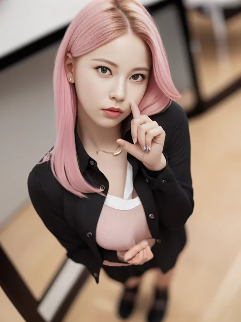 (RAW photo, best quality), (realistic, photo-realistic:1.3), masterpiece, an extremely delicate and beautiful, extremely detailed, unity ,cg , 2k wallpaper, Amazing, finely detail, light smile, extremely detailed CG unity 8k wallpaper, huge filesize, ultra-detailed, highres, absurdres, soft light, (((medium hair:1.3), short bang, pink hair, floating hair novafrogstyle)), beautiful detailed girl, detailed fingers, extremely detailed eyes and face, beautiful detailed nose, beautiful detailed eyes, long eyelashes, light on face, looking at viewer, (closed mouth:1.2), 1girl, cute, young, mature face, (full body:1.3), realistic face, realistic body, beautiful detailed thigh, (ulzzang-6500-v1.1:0.8), business suit, cross-laced clothes, collared shirt, open clothes, in office, detailed office, open cardigan, black thighhighs, miniskirt, black underwear, unbuttoned shirt, <lora:NiziU-AYAKA-V1:1>, symmetrical,High detail RAW color photo professional close photograph, [:(highly detail face: 1.2):0.1], real human skin,8k,natural light,lens 135mm,f1.8,artphotography,