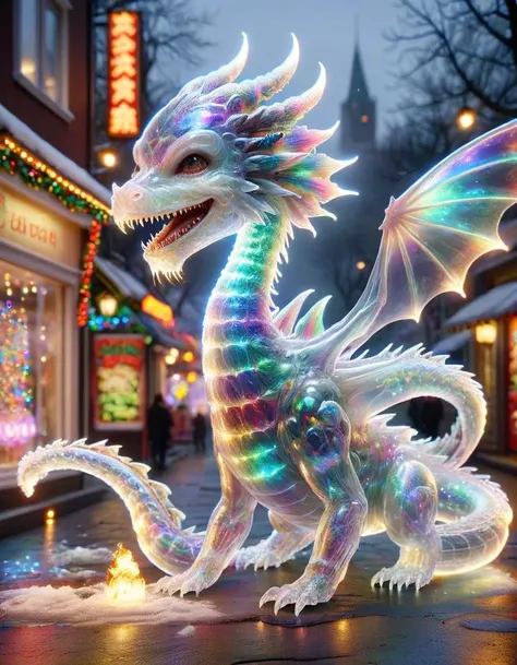 hyper detailed masterpiece, dynamic, awesome quality, photo of a ral-smoldragons following a zombie outbreak in a futuristic city, A bustling, colorful street fair with festive decorations and lively music, christmas, snowing, chrimstas trees, christmas ornaments, DonMSp3ctr4lXL, <lora:DonMSp3ctr4lXL-000008:1>, transparent, translucent, clear perception,depth blur,clear scene,perfect work of art,shallow depth,