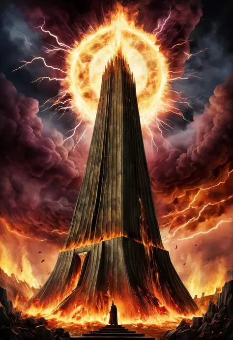 Modern art, Tarot style, Great Arcana, The Tower, Card XVI, dramatic imagery featuring a large phallic tower in the shape of an ((ancient Babylonian Ziggurat)), ((Tarot card border):1.17), featuring dark colors and golden hues, calamity, lightning strikes and raging fire, impending doom, , tower of babel, highly detailed, masterpiece, 8k, hdr, minimalist, award winning art