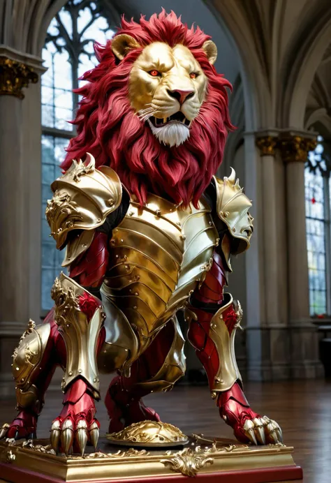 RAW Photo, a majestic blood red lion in gold plated armor, powerful, big, awe inspiring, ferocious, raytraced, highly detailed, masterpiece, 8k, hdr, 35mm photography, award winning photograph