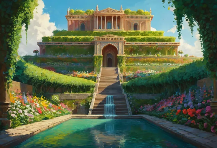 Concept art, the hanging gardens of Babylon, luscious plants and flowers, complex and intricate architecture, ((ancient Babylonian Ziggurat)), vibrant colors, raytraced, highly detailed, masterpiece, 8k, hdr, art by Greg Rutkowski, palette knife painting with acrylic