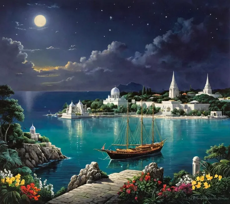 night time panoramic shot of an elven city with towers and gardens, concept art, byzantium city of trade, an ancient elven coastal port city, emerald glass crystal domes, muslim hindu temples, docks, market, traders, longship, piers, elvish sailing ships, thriving market full of people, busy streets, ancient roman greek port city, Mediterranean crystal ocean, white marble and emerald domes, night lighting, realistic island archipelago, elven architecture, seaside,  elven alien towers, ancient atlantean myan temple, formal gardens, french gardens, manicured gardens, spires, tropical luscious plants and flowers, hanging vines, complex and intricate architecture, (white marble Ziggurat), (ancient greece), vibrant colors, highly detailed, masterpiece, 4k, 8k, artstation, deviantart, highly detailed, magical, mystical, hyperrealism, dark night sky