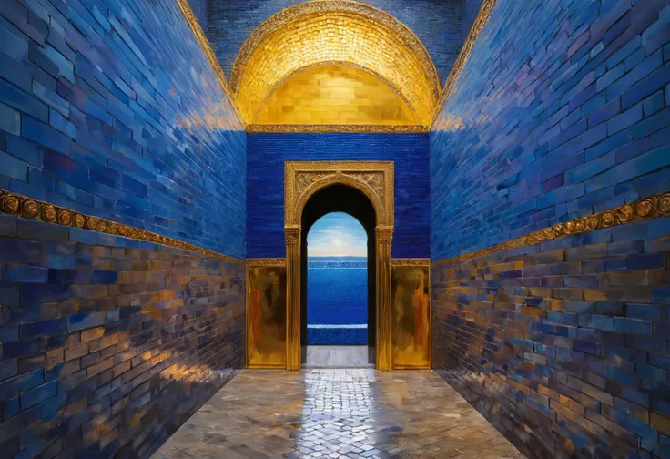 Concept art, The Ishtar Gate, dark blue glazed bricks, golden paintings on the walls, city of Babylon, gateway to inner Babylon, Mesopotamia, vibrant colors, highly detailed, masterpiece, 8k, hdr, art by Greg Rutkowski, palette knife painting with acrylic