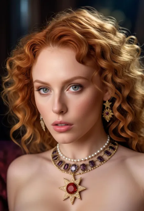 RAW Photography, mid closeup of a voluptuous beautiful goddess, thick curly red hair, (eight pointed star), amazingly perfect light colored eyes that consume you completely, detailed skin with visible pores, otherworldly beauty, opulent golden jewelry with gemstones and pearls, awe inspiring, dramatic, imagery that emanates absolute power and sensuality, scarlet and purple tones, very suggestive and sensual art, porcelain pale skin, magical realism, boudoir photography, perfect facial features, strong cheekbones, supermodel appearance, intricate details, rich vibrant colors, highly detailed, masterpiece, 8k, hdr, 35mm photograph, dslr 