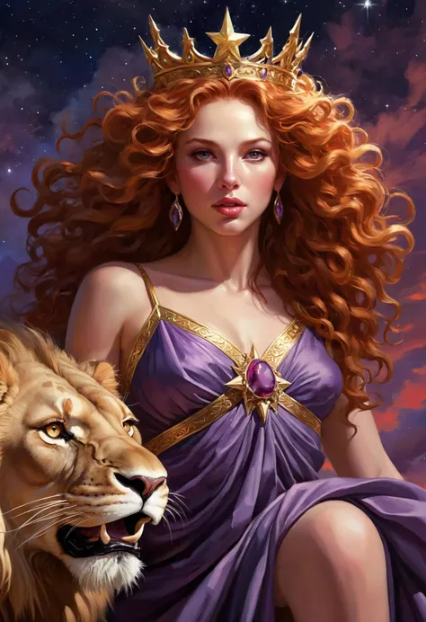 Concept art painting, mid closeup of Ishtar, beautiful goddess, goddess of love and war and fertility, thick curly red hair, she is mounted on top of a fierce and majestic lion, riding a lion, the lion has traces of blood on his manes, (eight pointed star), amazingly perfect light colored eyes that consume you completely, governs sex and divine law and political power, detailed skin with visible pores, (majestic elegant and divine purple haute couture wrapdress made out of layered satin that wraps tightly around her body), otherworldly beauty, opulent golden jewelry with gemstones and pearls, she wears a small subtle yet fashionable intricate tiara with horns, awe inspiring, dramatic, imagery that emanates absolute power and sensuality, (the light of the planet Venus is visible in the night's sky), scarlet and purple tones, intricate details, rich vibrant colors, porcelain pale skin, highly detailed, masterpiece, 8k, hdr, (art by Greg Rutkowski), (painterly, speed painting aesthetic, (palette knife acrylic painting), thick textured paint) 