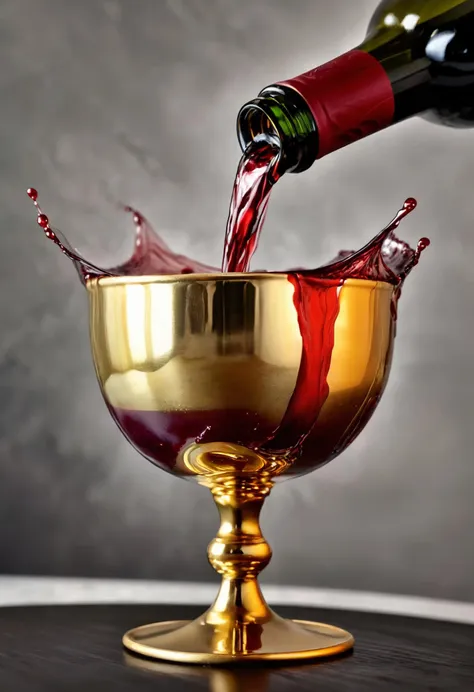 RAW Photo, red wine is being poured into a golden cup, the wine is overflowing the cup, liquid dynamics, vibrant colors, raytraced, highly detailed, masterpiece, 8k, hdr