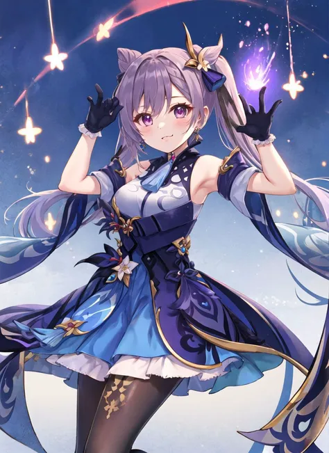 1girl, looking at viewer, smug pose
lightning, purple lightning bolt effect
<lora:keqingGenshinImpact3in1_v10:1>keqing (piercing thunderbolt) (genshin impact), keqing (genshin impact),
pantyhose, hair bun, purple hair, gloves, (very long twintails:1.3), long hair, purple eyes, diamond-shaped pupils, bare shoulders, hair ornament, black pantyhose, cone hair bun,
detached sleeves,dress, jewelry, medium breasts, earrings, bangs, frills, purple dress, black gloves, braid, skirt,
 <lora:style_tsukahire:1>