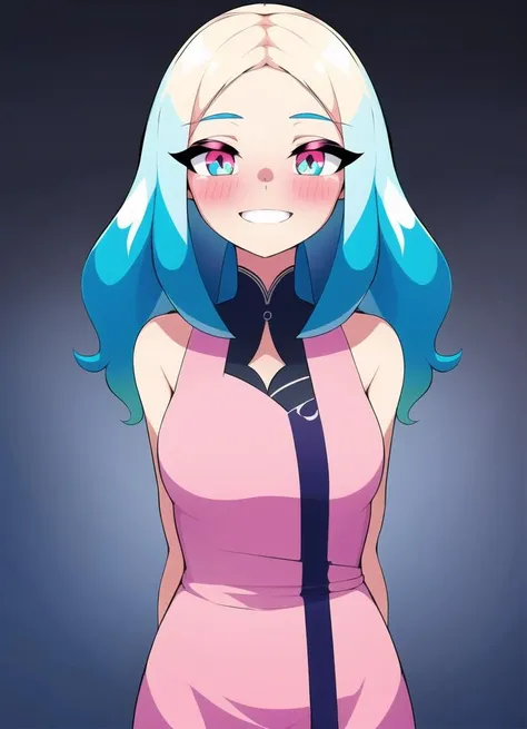 1girl, arms behind back, standing, upper body, dress, happy,  <lora:homebrew_introspurt:0.8>, gradient eyes, arms_behind_back, from front, straight-on, looking at viewer, blush, clothing cutout,