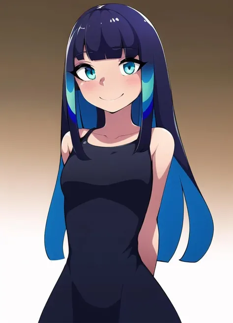 1girl, arms behind back, standing, upper body, dress, happy, <lora:homebrew_introspurt:0.8>, gradient eyes, arms_behind_back, straight-on, from front,