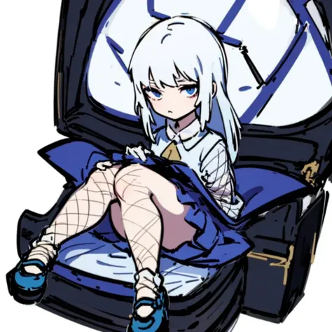 cinematiclighting,((bestquality)),((fishnet legwear)),long hair,collar,masterpiece,bestquality,bestquality,Amazing,finelydetailed,((masterpiece)),full body, white hair,black shoes,(((detail face:1))), (kpop idol),(cute face),simple background, white background,((puffy eyes)),((blue eyes)), ((1girl)),(snowing|forest), ((flcl)),(((((solo))))),england,Creative border design,(((clothes lift))), ((([(white background:1.5)::5], hexagon, mid shot))),(light detail eyes), <lora:Silly:1>