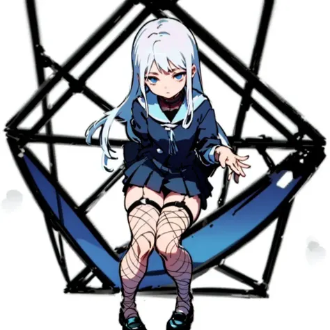 cinematiclighting,((bestquality)),((fishnet legwear)),long hair,collar,masterpiece,bestquality,bestquality,Amazing,finelydetailed,((masterpiece)),full body, white hair,black shoes,(((detail face:1))), (kpop idol),(cute face),simple background, white background,((puffy eyes)),((blue eyes)), ((1girl)),(snowing|forest), ((flcl)),(((((solo))))),england,Creative border design,(((clothes lift))), ((([(white background:1.5)::5], hexagon, mid shot))),(light detail eyes), <lora:Silly:1>