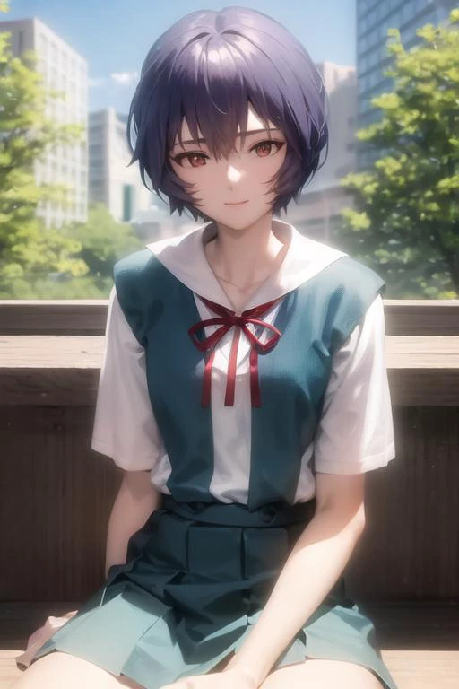 masterpiece, best quality, 1girl, ayanamirei, tokyo-3_middle_school_uniform, red ribbon, school_uniform, black socks, looking at viewer, light smile, city park, upper body, siting <lora:AyanamiReiV6-000010:0.8>