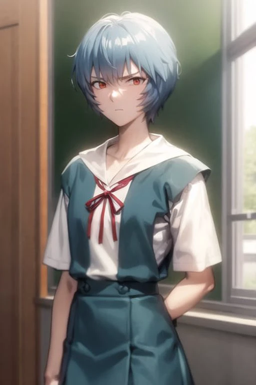 masterpiece, best quality, 1girl, ayanamirei, tokyo-3_middle_school_uniform, red ribbon, school_uniform, black socks, looking at viewer, annoyed, school, upper body, standing <lora:AyanamiReiV6-000010:0.8>