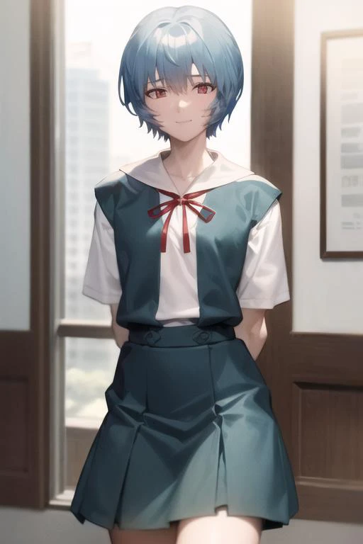 masterpiece, best quality, 1girl, ayanamirei, tokyo-3_middle_school_uniform, red ribbon, school_uniform, black socks, looking at viewer, light smile, city park, upper body, arms_behind_back <lora:AyanamiReiV6-000010:0.8>