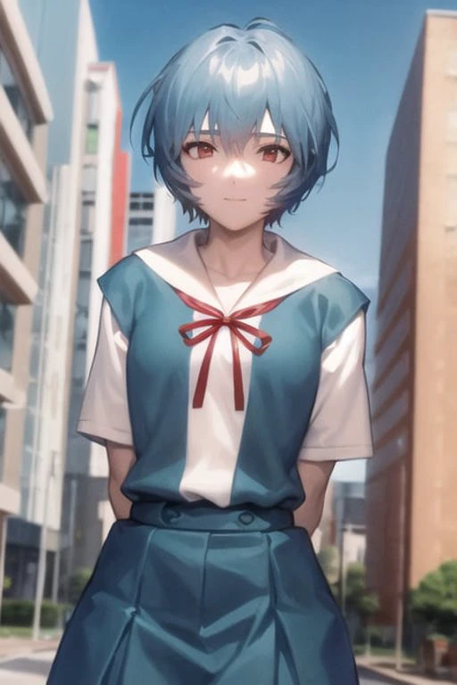 masterpiece, best quality, 1girl, ayanamirei, tokyo-3_middle_school_uniform, red ribbon, school_uniform, black socks, looking at viewer, light smile, city park, upper body, arms_behind_back <lora:AyanamiReiV6-000010:0.8>