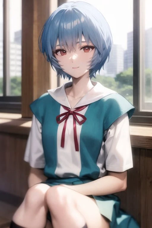 masterpiece, best quality, 1girl, ayanamirei, tokyo-3_middle_school_uniform, red ribbon, school_uniform, black socks, looking at viewer, light smile, city park, upper body, siting <lora:AyanamiReiV6-000010:0.8>