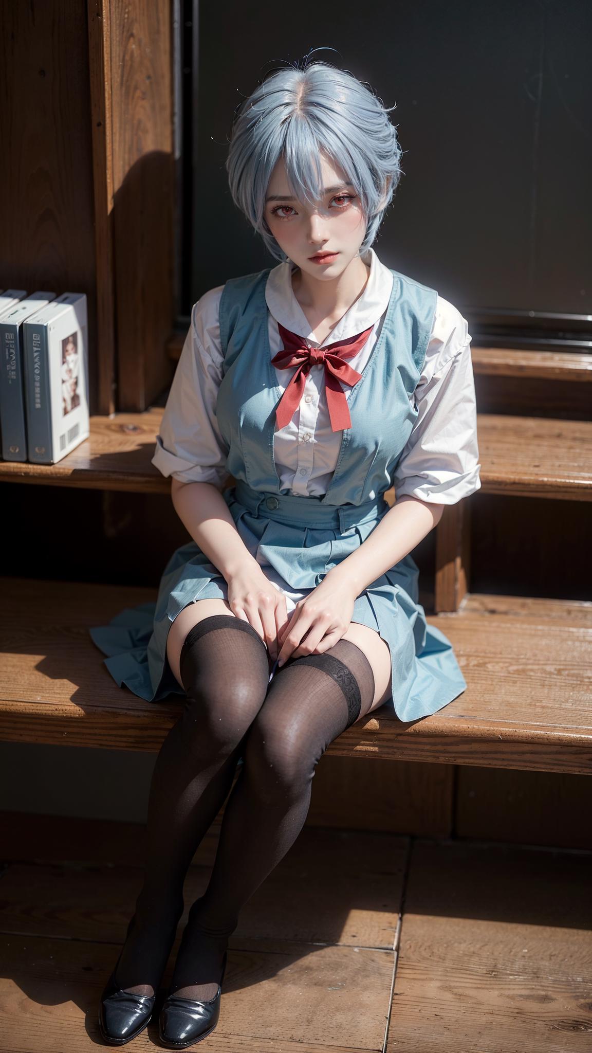 There is a woman sitting on a wooden bench wearing a blue dress - SeaArt AI