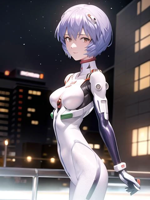 masterpiece, best quality, 1girl, ayanamirei, eva00plugsuit, interface headset, looking at viewer, light smile, city park,upper body, <lora:wipReiAyanami_v3:0.75>, cyber city
