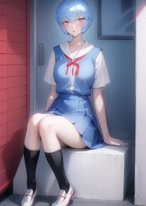 <lora:Ayanami_Rei_Mogudan:0.3> <lora:reiAyanamiEvangelion_v6FullRelease:0.3> <lora:reiAyanamiMogudanNeon_v10:0.1> <lora:mogudan:0.4>short blue hair like ayanami rei, red eyes,
(, tokyo-3_middle_school_uniform, red ribbon, (black socks, white shoes) )