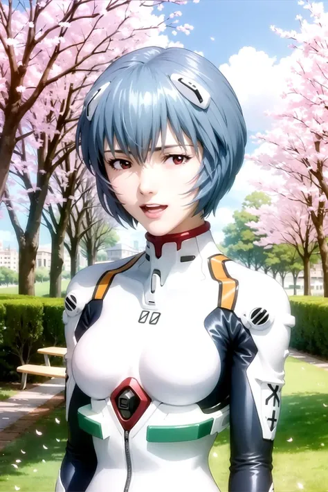 masterpiece, best quality, 1girl, ayanamirei, plugsuit, interface headset, looking at viewer, shy, open mouth, light smile, city park, cherry blossoms, upper body, <lora:AyanamiReiV6:1>
