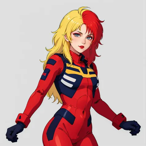 (((full body photo))), red blue and white color, femboy wearing a lightly armoured body suit, sci-fi themes, chest armour, gundam, best quality, arte oficial, Sketch line diagram, eye blue, front view, back view, and side view of character, long hair