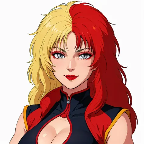 masterpiece,high quality,(white background:1.5),
<lora:charasoon002:0.5>,solo,smile,looking at viewer,
chara_soon,1woman,
long hair,multicolored hair,two-tone hair,split-color hair,blonde hair,red hair,grey eyes,makeup,lipstick,cleavage,breasts,
jacket,bodysuit,open clothes,sleeveless,
face focus,
