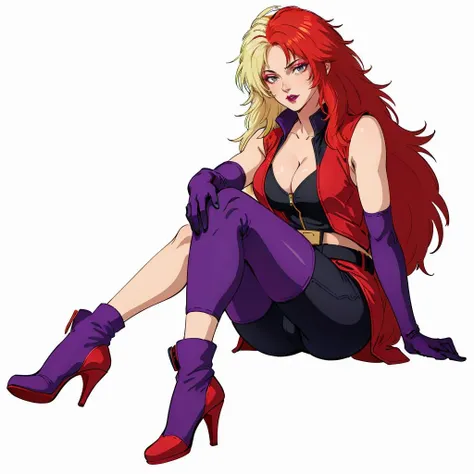 masterpiece,high quality,
white background,
<lora:charasoon002:0.5>,
chara_soon,1woman,
long hair,multicolored hair,two-tone hair,split-color hair,blonde hair,red hair,grey eyes,makeup,lipstick,cleavage,breasts,
jacket,bodysuit,open clothes,sleeveless,elbow gloves,purple gloves,belt,
spandex,socks,purple footwear,red footwear,high heels,