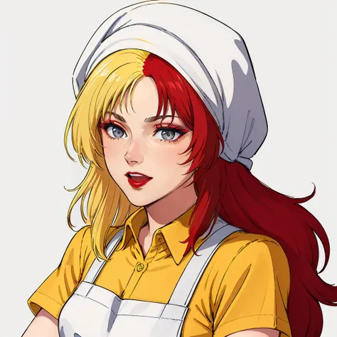 masterpiece,high quality,white background,solo,
<lora:charasoon005:0.6>,
chara_soon,1woman,
long hair,multicolored hair,two-tone hair,split-color hair,blonde hair,red hair,makeup,grey eyes,lipstick,
(white head scarf:1.3),
pink apron,collared shirt,yellow shirt,short sleeves,
smile,open mouth,looking at viewer,