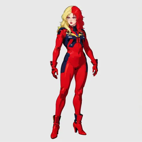 masterpiece,high quality,white background,solo,
<lora:charasoon005:0.6>,
chara_soon,1woman,
long hair,multicolored hair,two-tone hair,split-color hair,blonde hair,red hair,makeup,grey eyes,lipstick,
pilot suit,zion,
gloves,
boots,high heels,