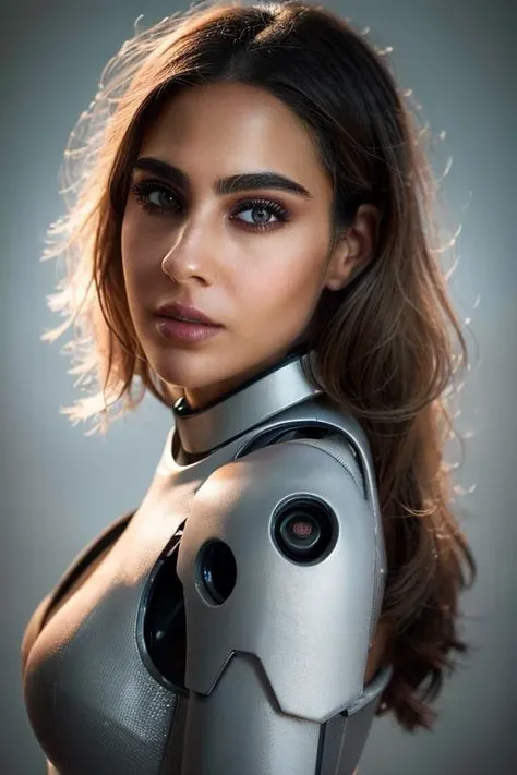 (photo of a gorgeous woman), (professional photography), (as an ai robot), (blonde hair), (close body portrait), masterpiece, best quality, (eye contact), (looking at the viewer), centred, (shot from front), ((soft even lighting)), blurred_background, proportional, <lora:Sara_Ali_Khan-10:0.85>