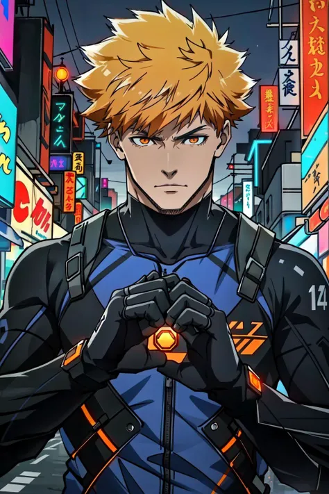 rensuke kunigami, 1boy, male focus , solo, orange hair, (orange eyes::1.3), short hair, spiked hair, muscular male , collarbone, (masterpiece:1.4, best quality:1.4), epic lighting , high details ,absurdres, <lora:rensuke:0.7> (Cyberpunk theme, epic scenery, night light megacity, lights, night), (megacity in background, extremely wide view, cars), (aerial view), (raytracing), (raytraced reflections, raytraced shadows, RTX global illumination), ((futuristic clothing:1.3)), (detailed face, realistic eyes), (nice hands, perfect hands), (real picture, intricate details)