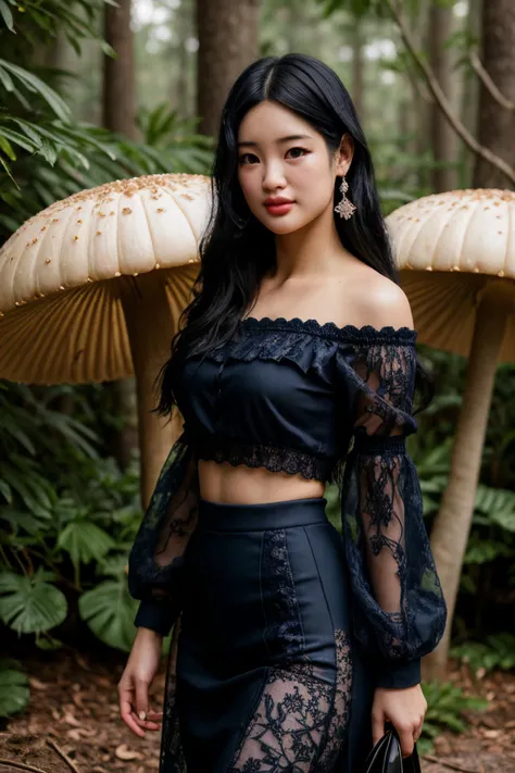 DV_S2_Yen_Vicious, (Art Photography, Award Winning) (skinny), (Fantasy forest with giant mushrooms and whimsical creatures) (wearing navyblue lace , trench coat , midi skirt , off-the-shoulder sleeves ) (Teased roots) by Steve McCurry, 35mm, F/2.8, ((Photo Focus, DOF, Aperture, insanely detailed and intricate, character, hypermaximalist, beautiful, revealing, appealing, attractive, amative, hyper realistic, super detailed))(DOF, blurry background), Pouting facial expression