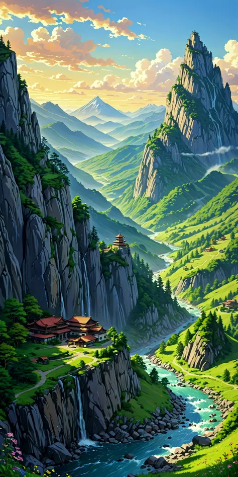 Five majestic peaks of the Wudang Mountains pierce the misty landscape. Imagine the iconic landscapes of Studio Ghibli films, with rugged, rocky mountains reaching for the clouds.
Foreground: A vibrant green meadow unfolds before the mountains, with a crystal-clear stream winding its way through the valley.
Golden sunlight bathes the scene in a mystical glow, filtering through the clouds and casting long, dramatic shadows that accentuate the mountain's grandeur.
Details:
Dense vegetation covers the mountainsides, with a lush forest thriving on the slopes and colorful wildflowers carpeting the meadows.
Include a few tiny figures traversing the distant paths, emphasizing the scale and vastness of the mountains.
Capture the essence of Studio Ghibli's art style, with a touch of realism for detail and lighting. Imagine an oil painting or watercolor that evokes an otherworldly atmosphere.
Atop one of the central peaks, add a majestic castle bathed in the golden light, reminiscent of Ghibli's fantastical architecture.
Replace "cold colors" with "warm sunlight contrasting with cool mountain shadows" for a more Ghibli-inspired feel.
art by Studio Ghibli,