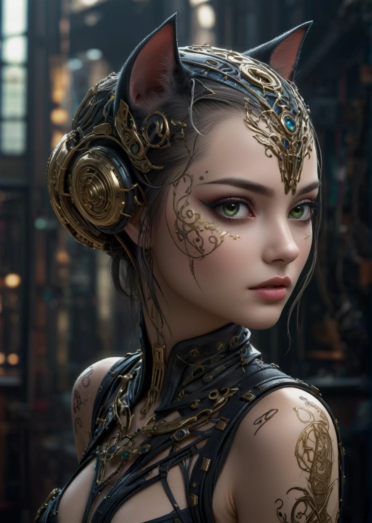 A young cat girl adorned with cyberpunk style body art, featuring gold paint, elven patterns and intricate filigree reminiscent of Karol Bak's work. Her vibrant makeup and unusual eye color reflect Luis Royo's style, creating a photorealistic yet futuristic look with science fiction elements. She embodies a mixture of a cyberpunk style doll and an adorable cyborg girl, complete with a sleek cat tail that harmonizes with her overall look. The art draws inspiration from NijiExpress 3D, abstract techniques, AirBrush effects and decorative details, aiming to achieve the sci-fi concept art aesthetic at the 32k resolution popularized on Artstation