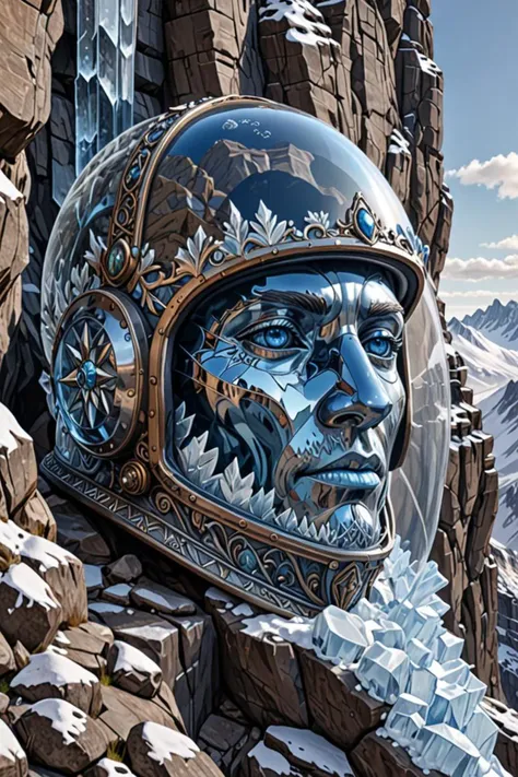 a glass bubble helmet and wearing ice crystals in a rocky cliffs in the style of hyperdetailed face, tall entry, <lora:sdxl_lightning_8step_lora.safetensors:1.0>, <lora:add detail xl.safetensors:1.5>