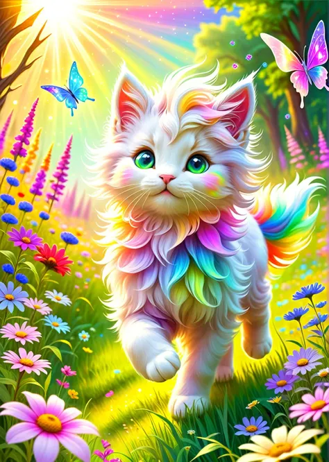 Dreamlike, Whimsical, Fantasy
 A colorful unicorn kitten frolicking in a magical meadow.
Iridescent, with hints of every rainbow color shimmering faintly.
Fluffy and rainbow-colored, flowing dynamically as the kitten prances.
Shimmering with a magical glow, similar to a soap bubble.
Large, bright, and expressive, filled with a mischievous twinkle.
Lush carpet of emerald green grass.
Wild and magical, overflowing with vibrant flowers in every color imaginable. Think a kaleidoscope of blooms!
Sparkling streams babbling gently, creating a soft, melodic sound.
Warm golden sunlight bathes the scene, casting long shadows and illuminating the details.
The sunlight interacts with the kitten's fur, creating an iridescent glow.
The meadow itself has a magical sheen, almost like it's lit from within.
Whimsical and enchanting, filled with a sense of wonder and delight.
The sweet scent of wildflowers fills the air.
 <lora:Colorful_Fuzzy_Style:0.6>