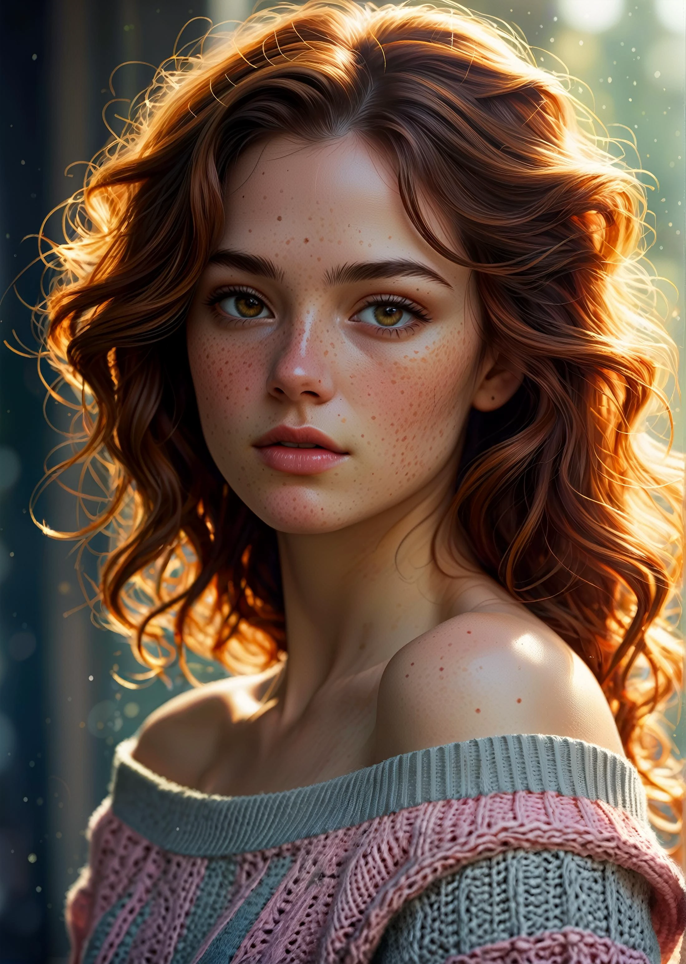 A captivating portrait of a young woman with freckles, wearing a flowing off-the-shoulder sweater in soft pastel hues. The background fades into a gentle backlight. Her expression hints at a mysterious allure, reminiscent of a goddess. In the style of Minjae Lee, Carne Griffiths, Emily Kell, Steve McCurry, Geoffroy Thoorens, Aaron Horkey, Jordan Grimmer, Greg Rutkowski. Surreal geometric patterns subtly appear in the background. Dreamy bokeh effect. Artistic photorealism, smooth, intricate details, perfectly balanced composition.
<lora:add-detail-xl:1>
<lora:DetailedEyes_V3:1>