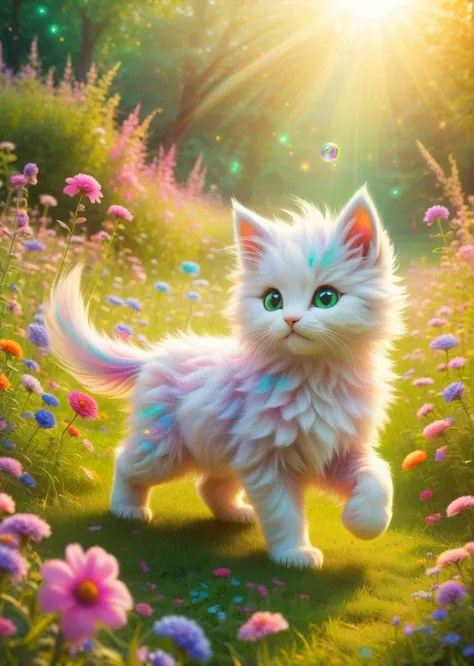 Dreamlike, Whimsical, Fantasy
 A colorful unicorn kitten frolicking in a magical meadow.
Iridescent, with hints of every rainbow color shimmering faintly.
Fluffy and rainbow-colored, flowing dynamically as the kitten prances.
Shimmering with a magical glow, similar to a soap bubble.
Large, bright, and expressive, filled with a mischievous twinkle.
Lush carpet of emerald green grass.
Wild and magical, overflowing with vibrant flowers in every color imaginable. Think a kaleidoscope of blooms!
Sparkling streams babbling gently, creating a soft, melodic sound.
Warm golden sunlight bathes the scene, casting long shadows and illuminating the details.
The sunlight interacts with the kitten's fur, creating an iridescent glow.
The meadow itself has a magical sheen, almost like it's lit from within.
Whimsical and enchanting, filled with a sense of wonder and delight.
The sweet scent of wildflowers fills the air.
 <lora:Colorful_Fuzzy_Style:0.6>