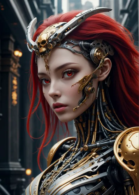 A biomechanical cyberpunk cybernetic robot with ethereal fantasy concept art style.
Masterpiece, best quality, absurdist, high details, 8K, photorealistic.
Distant view, cowboy shot (low angle).
One female figure wearing a skull mask, pale skin, long red hair.
War-glam armor inspired by Fan Bingbing's fashion.
Glowing eyes, magical atmosphere, sharp focus, very coherent.
Magnificent, celestial, ethereal, painterly, epic, majestic, magical.
Fantasy art, cover art, dreamy, intricate, elegant, highly detailed.
Symmetry, magical atmosphere, sharp focus, majestic.
Radiant, advanced, cinematic, artistic, fine detail, winning, beautiful, stunning.
Dramatic light, designed, rich deep colors, perfect professional background.
Ambient, tailored set composition.
Android, AI, machine, metal, wires, tech, futuristic, highly detailed.
Futuristic, technological, cybernetic enhancements, robotics, artificial intelligence themes.
Cybernetics, human-machine fusion, dystopian, organic meets artificial, dark, intricate, highly detailed.
Ultra detailed, hyper realistic,
Male, Baroque-inspired digital sculpture.
Intricately detailed skeletal figure, adorned with swirling gold and silver filigree patterns.
Luxurious complexity, dark background, stark contrast, ornate textures, menacing elegance.
Baroque background.
 <lora:Eix-Raol_v1-052-Lora:0>