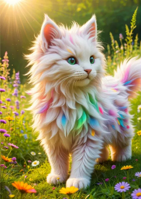 Dreamlike, Whimsical, Fantasy
 A colorful unicorn kitten frolicking in a magical meadow.
Iridescent, with hints of every rainbow color shimmering faintly.
Fluffy and rainbow-colored, flowing dynamically as the kitten prances.
Shimmering with a magical glow, similar to a soap bubble.
Large, bright, and expressive, filled with a mischievous twinkle.
Lush carpet of emerald green grass.
Wild and magical, overflowing with vibrant flowers in every color imaginable. Think a kaleidoscope of blooms!
Sparkling streams babbling gently, creating a soft, melodic sound.
Warm golden sunlight bathes the scene, casting long shadows and illuminating the details.
The sunlight interacts with the kitten's fur, creating an iridescent glow.
The meadow itself has a magical sheen, almost like it's lit from within.
Whimsical and enchanting, filled with a sense of wonder and delight.
The sweet scent of wildflowers fills the air.
 <lora:Colorful_Fuzzy_Style:0.6>