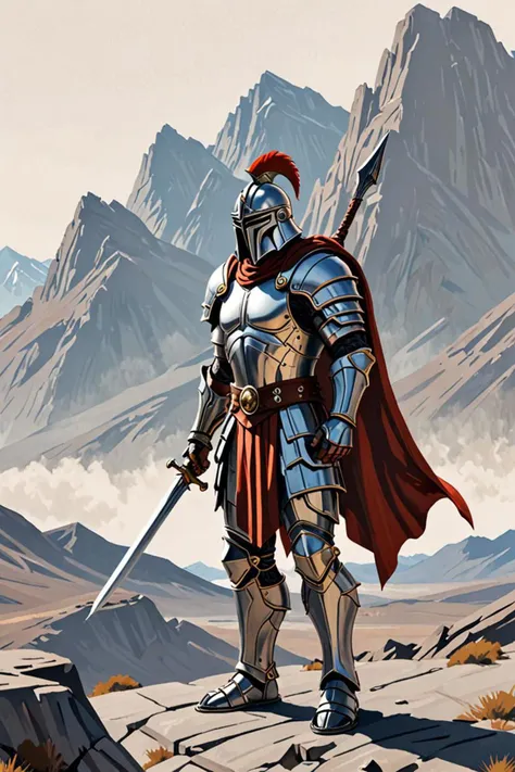 a white background  and ares with heavy armor and sword in a looking at the mountains in the style of edward hopper vibe, blind eyes, <lora:sdxl_lightning_8step_lora.safetensors:1.0>, <lora:add detail xl.safetensors:1.5>