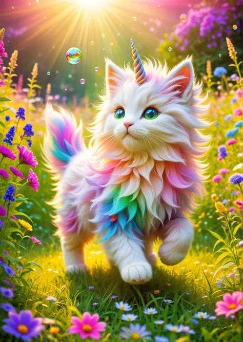 Dreamlike, Whimsical, Fantasy
 A colorful unicorn kitten frolicking in a magical meadow.
Iridescent, with hints of every rainbow color shimmering faintly.
Fluffy and rainbow-colored, flowing dynamically as the kitten prances.
Shimmering with a magical glow, similar to a soap bubble.
Large, bright, and expressive, filled with a mischievous twinkle.
Lush carpet of emerald green grass.
Wild and magical, overflowing with vibrant flowers in every color imaginable. Think a kaleidoscope of blooms!
Sparkling streams babbling gently, creating a soft, melodic sound.
Warm golden sunlight bathes the scene, casting long shadows and illuminating the details.
The sunlight interacts with the kitten's fur, creating an iridescent glow.
The meadow itself has a magical sheen, almost like it's lit from within.
Whimsical and enchanting, filled with a sense of wonder and delight.
The sweet scent of wildflowers fills the air.
 <lora:Colorful_Fuzzy_Style:0.6>