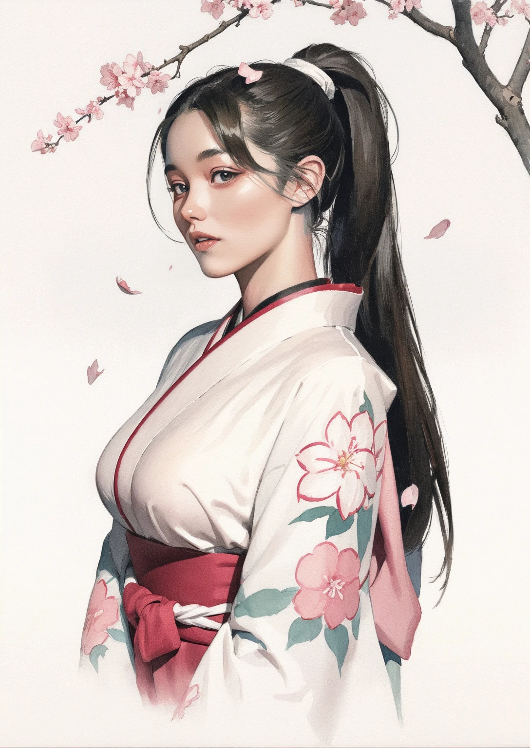 professional illustration of attractive girl, moonlight, highly detailed, large breasts, ponytail, kimono, parted lips, long hair, looking at viewer, floral background, falling sakura petals,
white background,watercolor \(medium\), traditional media,
<lora:MiroslavZgabaj#photon_v1#mizgstyle#v1.00#-000016:0.9>