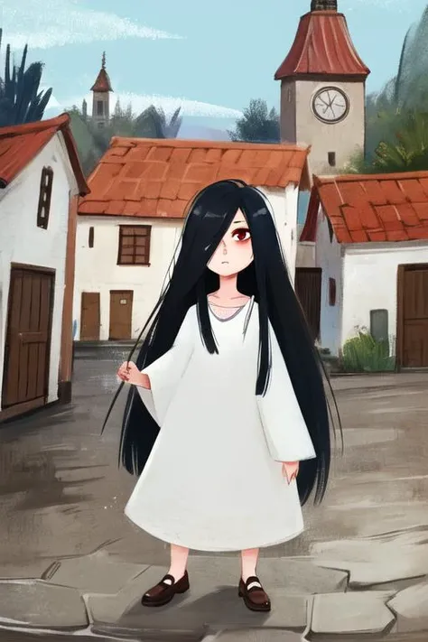 ((masterpiece)),(best quality), absurdres,sadako_yamamura,red eyes, white dress,<lora:Sadakobest:0.8>, <lora:childrenBook_v10:1>,medieval town