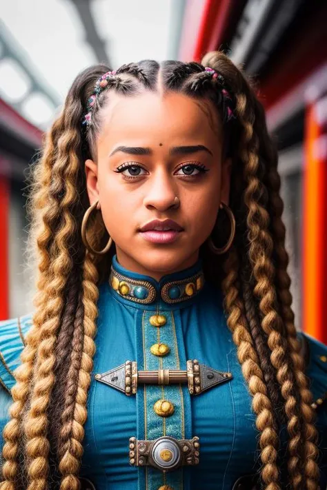 style-photoreal, a portrait of StormiMaya with braided hair, standing in a train station , sharp focus, detailed faces, upper body portrait by style-afro-steampunk,