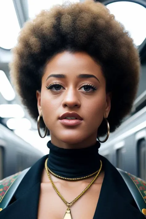 style-analogue , a  photograph,    a portrait  of StormiMaya  standing  in a train station  ,  sharp focus,  detailed faces, upper body portrait by style-afro-steampunk