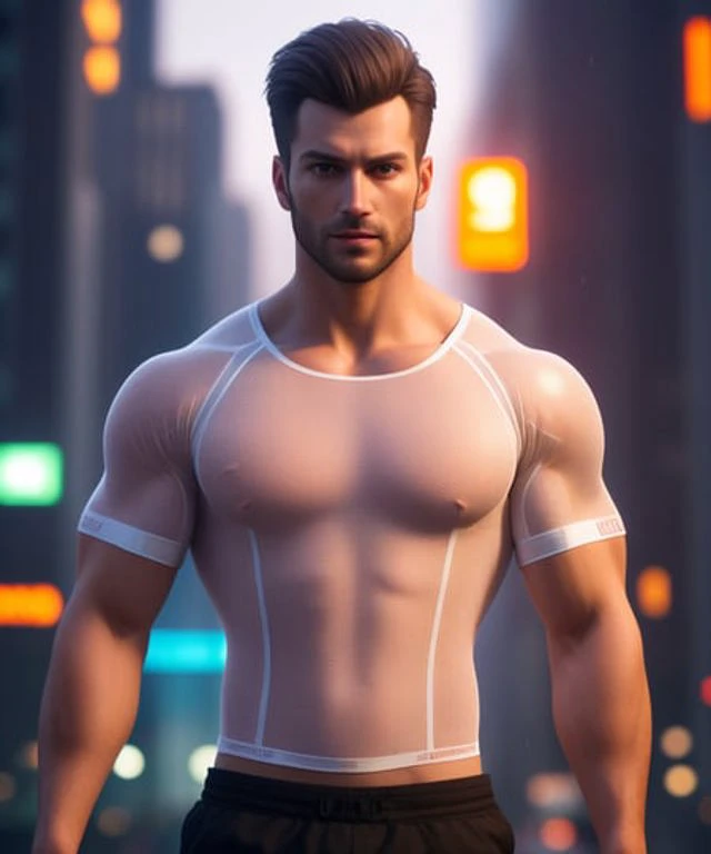masterpiece, best quality, perfect anatomy, high quality, highly detailed, extremely detailed cg unity 8k wallpaper,
hyper-detailed, high resolution illustration, highres, absurdres, intricate detail, extremely detailed CG, 1boy, male focus, bara,
hot, gorgeous, detailed face, detailed eyes, perfect hands, perfect anatomy,
23 years old man wears clear white see through compression shirt, narrow waist, slight smile, (no beard:1.1),
looking at viewer, in a cyberpunk city, dystopia, night, street, light in front,
wet hair, messy hair,
parking lot,
eye-level, close-up, dutch angle,3d render, unreal engine,
